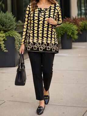Sag Harbor Black Yellow Geometric Print Long Sleeve Knit Tunic Top Office Career